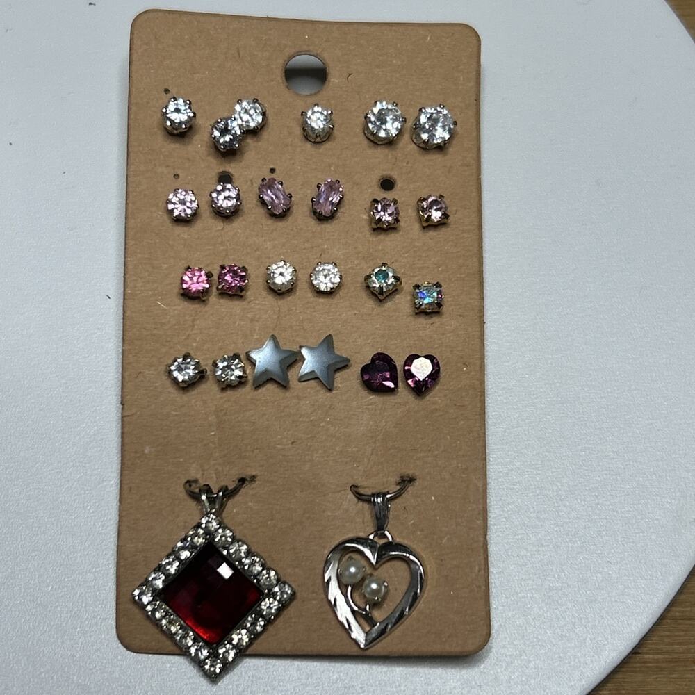 Lot of 12 Pairs of Stud Earrings and 2 Pendants Gold Tone and Silver Toned